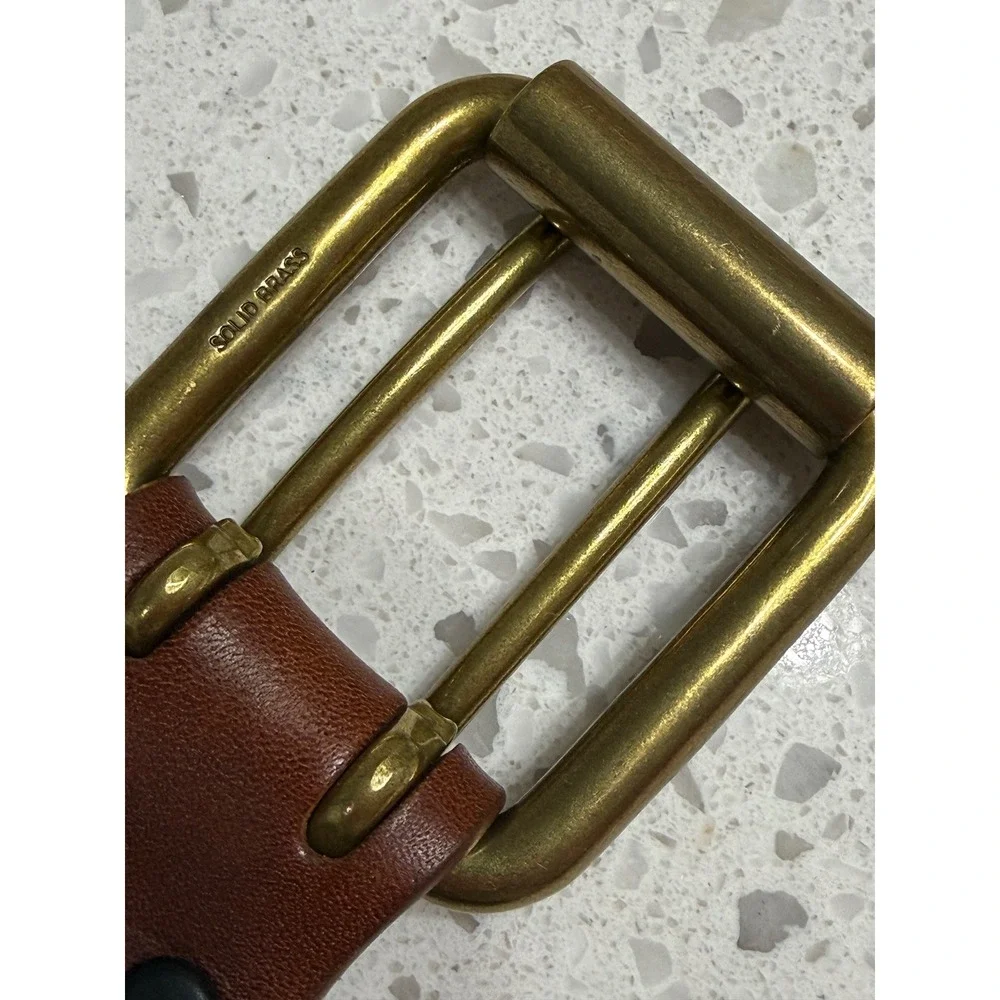Duluth Trading Co Belt Brown EUC Double Prong Solid Brass  Casual Work 34